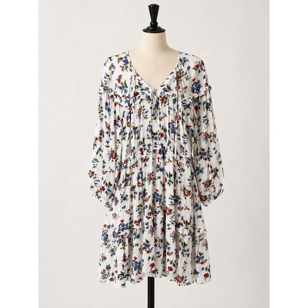 Floral Ruffle Tiered Mini Dress White XS Cottagecore Boho Prairie